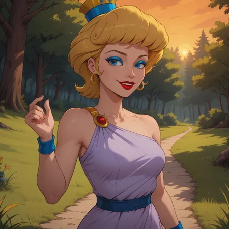 score_9, score_8, BREAK, solo, blonde hair, princess hat, blue eyes, blue eyeshadow, makeup, red lips, lipstick, wristwear, light purple dress, dark blue long skirt, sandals, Helen_of_Troy_(Hercules), sexy pose, self portrait, smile, outdoors, sunlight, shadows, evening lighting, natural lighting, forest, trees, grass, orange sky, sunset