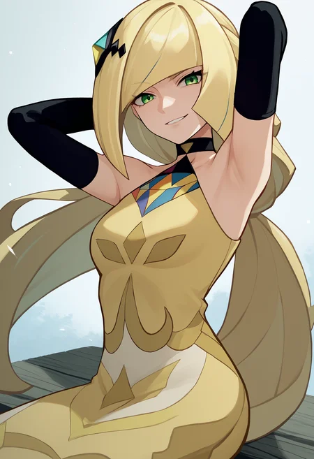 score_9, score_8_up, score_7_up, source_anime BREAK 1girl, solo, <lora:lusamine-pokemon-richy-v1_pdxl:1> lsmnsyg, green eyes, blonde hair, very long hair, ponytail, hair ornament, bangs, black choker, yellow dress, halterneck, black gloves, elbow gloves, sitting, arms behind head, armpits, smirk, looking at viewer,