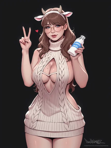 score_9, score_8_up, score_7_up, score_6_up, score_5_up, score_4_up,
BREAK
1girl, light, brown hair, bangs, long hair, straight hair, messy hair, round eyewear, [blue eyes|green eyes], adult, mature, fake animal ears, fake horns, cow horns, cow ears,
BREAK
solo, standing, cowboy shot, brown virgin killer sweater, cotton sweater, cleavage cutout, heart cutout, holding milk bottle, peace sign,
BREAK
black background, simple background, realistic, <lora:Lunas-Pinkdrawz-SDXL-A1:1>