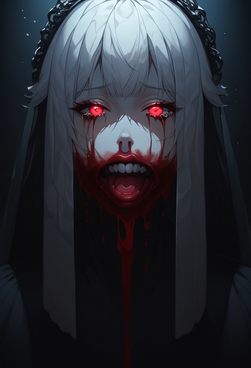 (Soft Lighting Photography by Mimoza Veliu and Mario Giacomelli:1.2), bloody, splattered with blood, snow, bride, crying, long veil, side soft light, dark environment, black over black, highly detailed, masterful painting in the style of Anders Zorn and Aleksi Briclot, oil on canvas