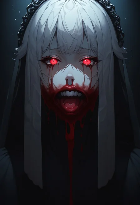 (Soft Lighting Photography by Mimoza Veliu and Mario Giacomelli:1.2), bloody, splattered with blood, snow, bride, crying, long veil, side soft light, dark environment, black over black, highly detailed, masterful painting in the style of Anders Zorn and Aleksi Briclot, oil on canvas