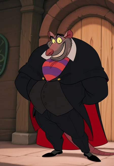 core_9, score_8_up, score_7_up, score_6_up, score_5_up, score_4_up, detailed background, detailed face, 1boy, solo, disney style, cape, sharp teeth, bara, cartoon, wide body, purple and red striped tie, pink rat nose, black jacket, blue circles around eyes, yellow whites of eyes, styled hair, professor ratigan, short legs, furry, sly smile, disney style, black pants, male, rat tail, rat, large body