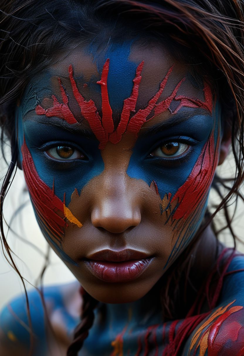 Close-up face, mysterious silhouette of an exotic coloured girl in worn down clothing, bloody war-paint over eyes only, goddess, alluring, by Minjae Lee, Carne Griffiths, Emily Kell, Steve McCurry, Geoffroy Thoorens, Aaron Horkey, Jordan Grimmer, Greg Rutkowski, amazing depth, double exposure, surreal, geometric patterns, intricately detailed, bokeh,  perfect balanced, deep fine borders, artistic photorealism , smooth,  great masterwork by Suiras  <lora:add-detail-xl:2>  <lora:Double_Exposure:0.5>