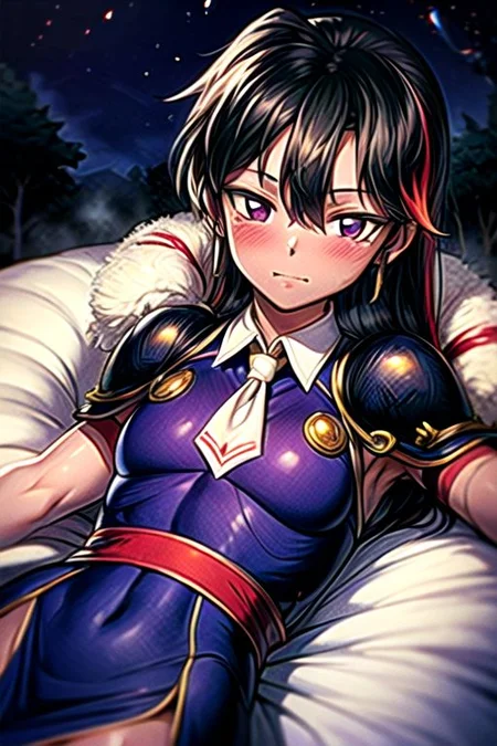 best quality 1girl Setsun4 solo long hair, (night time) forest background black hair very long hair purple eyes multicolored hair armor, small, (fur trim) (medium body),<lora:EMS-179-EMS:0.800000>,<lora:EMS-293862-EMS:0.800000> bow, hair_bow, hair_tubes, red_bow, brown_hair, long_hair, bangs, ascot, frilled_bow, yellow_ascot, blush, smile, hair_between_eyes, athletic, armor, miko, ,(((intricate outfit,intricate clothes,embroidered outfit,ornate outfit,embroidered clothes,ornate clothes))), laying down, lying down