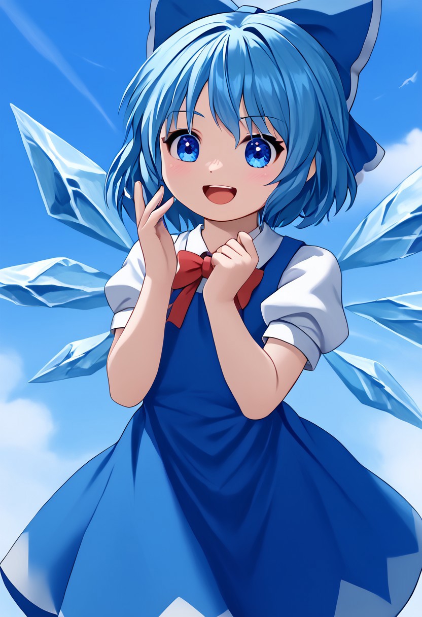 score_4,score_5,score_6,score_7_up,score_8_up,score_9
((masterpiece,best quality,ultra detailed,highres,HD,4k:1.2)),
1 cute girl,solo,
cirno,blue hair, blue bow, short hair, hair bow, blue eyes, 
wings, dress, red bow, ice wings, ice, blue dress, short sleeves, puffy sleeves, red ribbon, 
smile,open mouth,