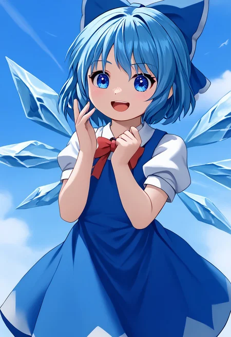 score_4,score_5,score_6,score_7_up,score_8_up,score_9
((masterpiece,best quality,ultra detailed,highres,HD,4k:1.2)),
1 cute girl,solo,
cirno,blue hair, blue bow, short hair, hair bow, blue eyes,
wings, dress, red bow, ice wings, ice, blue dress, short sleeves, puffy sleeves, red ribbon,
smile,open mouth,