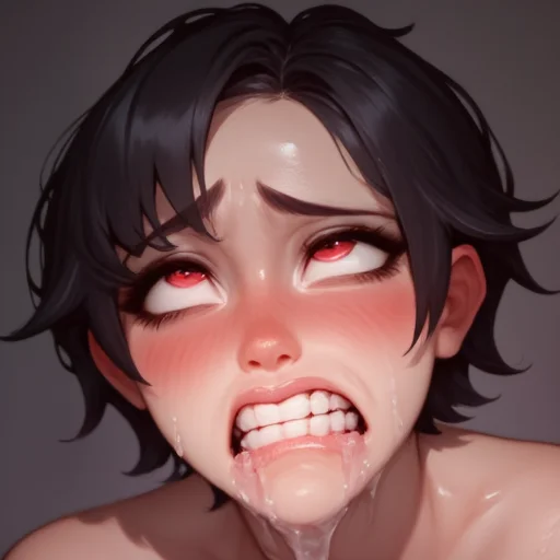High-resolution photo a young woman with light skin and short, dark hair styled in a messy bob. She has expressive, wide-open eyes with a mix of fear and distress visible in her wide, red eyes. Her face is smeared with a viscous, creamy substance that appears to be a mix of white and off-white, suggesting it could be a mixture of spit and other fluids. This substance is depicted covering her face, with a particular emphasis on her mouth, nose, and cheeks, and even some on her hair and forehead.  Her mouth is open, showing her teeth and a look of shock or fear. She has a small, delicate nose and her lips are slightly parted, with a small droplet of the substance on her lower lip. The background is a soft, indistinct blur, ensuring the focus remains on her face.   The overall mood of the illustration is intense and unsettling, likely evoking a sense of shock or horror. The detailed shading and textures in her skin and the fluid on her face are rendered with a high level of realism, straining, clenched teeth, sweating, blushing, drool, eyes rolling up, 1girl