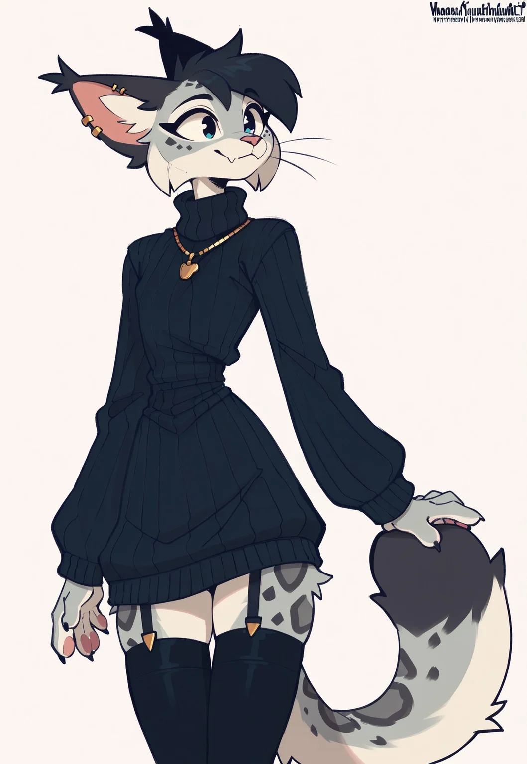 score_9, score_8_up, score_7_up, score_6_up, whygena, solo, slender, khajiit, snow leopard fur, femboy, lynx ears, black ears, fluffy eartips, long thick tail, short black hair, blue eyes
BREAK
black outfit, oversized turtleneck sweater, tied at waist, strapped thigh-highs, gold ear piercings, gold pendant,