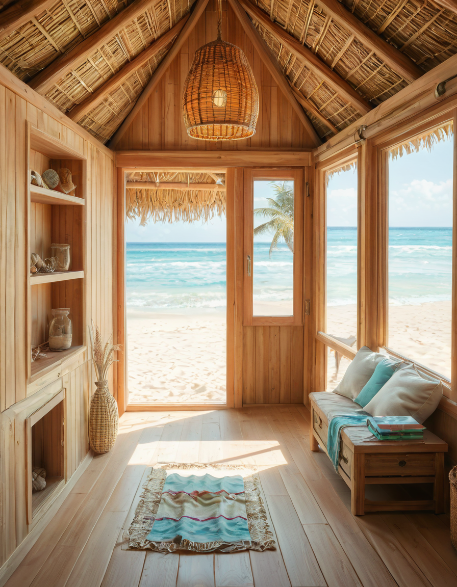 rating_safe,looking at viewer,focus on woman face,A woman wearing a sleek and modern diving swimsuit with dress, primarily designed in a combination of navy blue and turquoise tones with subtle black accents, is standing gracefully inside a cozy and charming beach hut,c0zy b34ch hut; the hut, made of light-colored wooden planks with a weathered, rustic finish, is warmly lit by natural sunlight streaming through its open windows and doorway, creating a relaxed and serene atmosphere. The woman, who appears confident and at ease, has slightly wet, wavy chestnut-brown hair that falls softly to her shoulders, subtly catching the light; her posture is upright yet casual, with one hand resting gently on the edge of the wooden frame of the hutâs doorway, while her other hand is placed lightly on her hip. The interior of the beach hut is adorned with small, homey details such as a straw mat on the wooden floor, a few neatly folded towels in pastel shades stacked in the corner, and a hanging seashell wind chime swaying gently in the breeze; through the open doorway, thereâs a faint glimpse of the golden sand and turquoise ocean waves in the background, adding to the tranquil coastal ambiance of the scene.<lora:SDXLFaeTastic2400:0.4> <lora:extremely_detailed:0.4> extremely detailed, <lora:c0zy_b34ch_hut:1>, Masterpiece,best quality,hi res,8k,hi res,8k,award winning,(sharp focus, intricate, highly detailed),