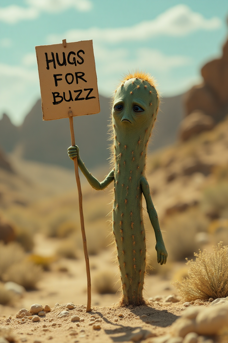 Photorealistic scene, A thin and tall cactus with face in one hand holding a cardboard sign that reads 'hugs for buzz' in bold, hand-scrawled letters. Cactus have Sad expression on his face, looking down sadly.in desert.The background features, outdoors, cinematic atmosphere. Shot with a Canon EOS R5, 50mm f/1.4 lens, shallow depth of field, soft volumetric lighting, hyper-realistic textures, and intricate details