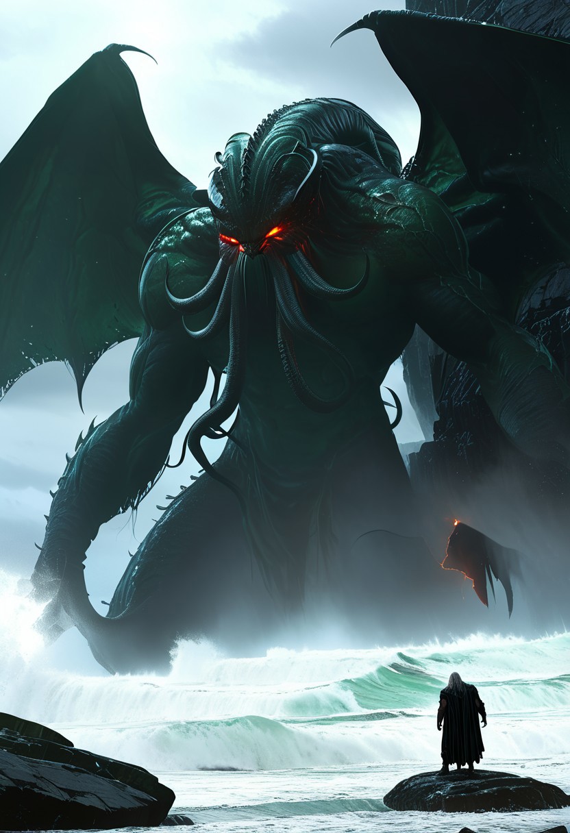 A great, giant, imposing creature, towering god, cthulhu , glowing amber eyes, great wings on his back on a rock, thunder in background, lightning, glowing eyes, flames in the background, cloudy sky, stormy sea, giant waves, storm,  moody light, by H.R Giger, 4k resolution digital art trending on Artstation and unreal engine 5, hyperrealism, full body shot, glowing eyes, cinematic, epic, masterpiece, surreal, fantasycore, hyperdetailed, ultra realistic, octane render, volumetric lighting, depth of field, bokeh, 8 <lora:Details:0.85>