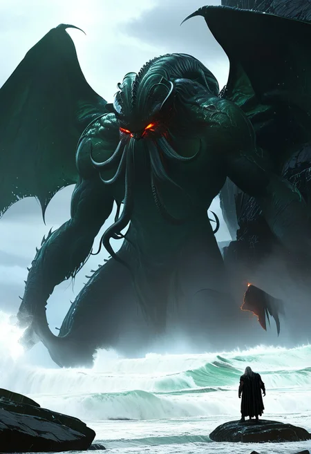 A great, giant, imposing creature, towering god, cthulhu , glowing amber eyes, great wings on his back on a rock, thunder in background, lightning, glowing eyes, flames in the background, cloudy sky, stormy sea, giant waves, storm, moody light, by H.R Giger, 4k resolution digital art trending on Artstation and unreal engine 5, hyperrealism, full body shot, glowing eyes, cinematic, epic, masterpiece, surreal, fantasycore, hyperdetailed, ultra realistic, octane render, volumetric lighting, depth of field, bokeh, 8 <lora:Details:0.85>