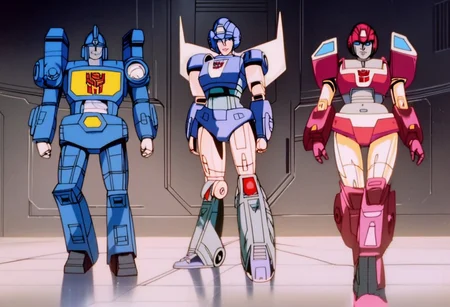 score_9, score_8_up, score_7_up, animation, transformers, 1girl, robot, Autobot, Tall, bulky, Soilder, glowing eyes,blue eyes, large eyes, circular eyes, Blue armor, Wheels, transforms into Armored Transport, full body, cowboy shot, smiling, holding Bazooka