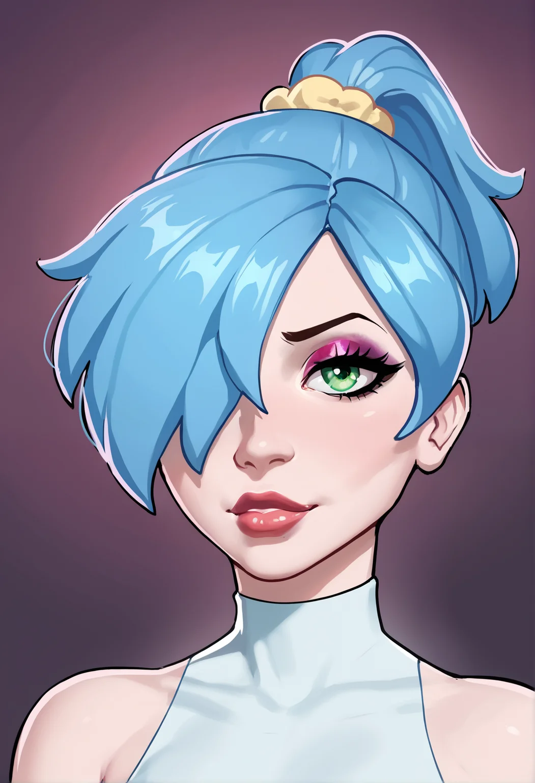score_9_up, source_cartoon, 1girl.  solo.   daisy_fellatrix, petite. small breasts. hair covering one eye. short hair. ponytail. blue hair. pale skin. makeup, turtleneck. portrait. closeup. (embedding:zPDXL2:1.0),