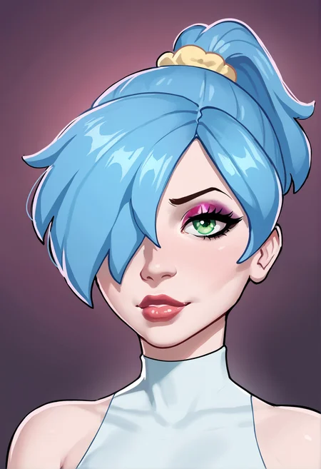score_9_up, source_cartoon, 1girl.  solo.   daisy_fellatrix, petite. small breasts. hair covering one eye. short hair. ponytail. blue hair. pale skin. makeup, turtleneck. portrait. closeup. (embedding:zPDXL2:1.0),