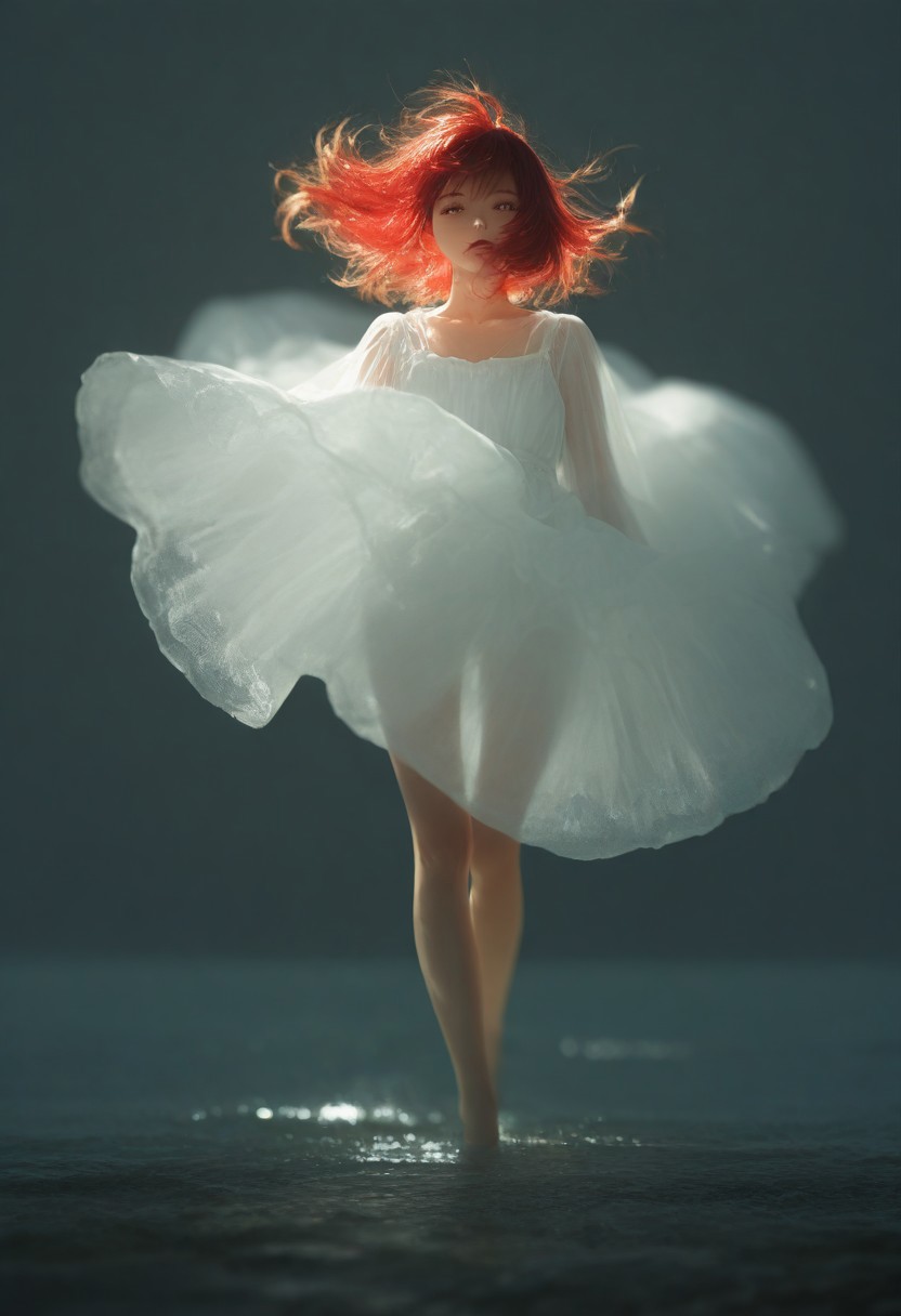 7481llu, masterpiece, best quality, amazing quality, very aesthetic, absurdres, newest, (scenery, volumetric lighting), 8K, depth of field, focused subject, perfect eyes, 1girl, Realistic photo of a young woman with curly red hair standing on top of a green hill at dawn. She is wearing a light white dress that flutters in the wind. In the distance can be seen mountains covered in a misty haze. Soft golden light floods the scene, creating an atmosphere of tranquility and freedom. Style: highly detailed photography with cinematic lighting, similar to the works of National Geographic. Depth of field: blurred background with emphasis on the model's face and hair. full body,mwv7_alpha_v01