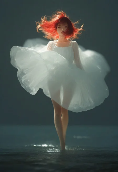 7481llu, masterpiece, best quality, amazing quality, very aesthetic, absurdres, newest, (scenery, volumetric lighting), 8K, depth of field, focused subject, perfect eyes, 1girl, Realistic photo of a young woman with curly red hair standing on top of a green hill at dawn. She is wearing a light white dress that flutters in the wind. In the distance can be seen mountains covered in a misty haze. Soft golden light floods the scene, creating an atmosphere of tranquility and freedom. Style: highly detailed photography with cinematic lighting, similar to the works of National Geographic. Depth of field: blurred background with emphasis on the model's face and hair. full body,mwv7_alpha_v01