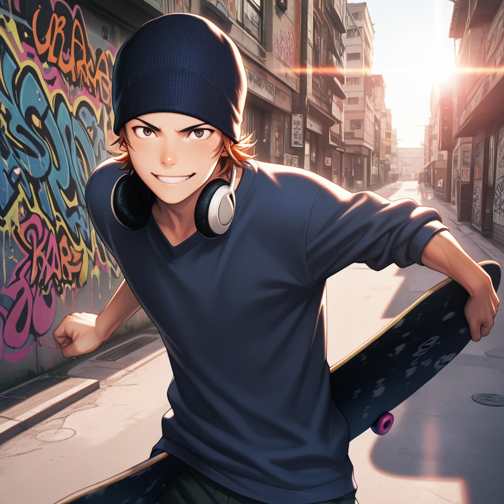 masterpiece, best quality, amazing quality, absurdres, newest, detailed background, definition so sharp, Ultra-HD, 8K cinematic, very awa, impressionate, amazing quality, highres, 
solo, male focus, manly, 
1boy, short hair, beanie, headphone around neck, misaki_orange hair, misaki_brown eyes, misakiyata, street art, graffiti, urban setting, sunny day, lens flare, motion blur, youthful, dynamic, active, mid-air, skateboard, energetic pose, cheerful smile,
