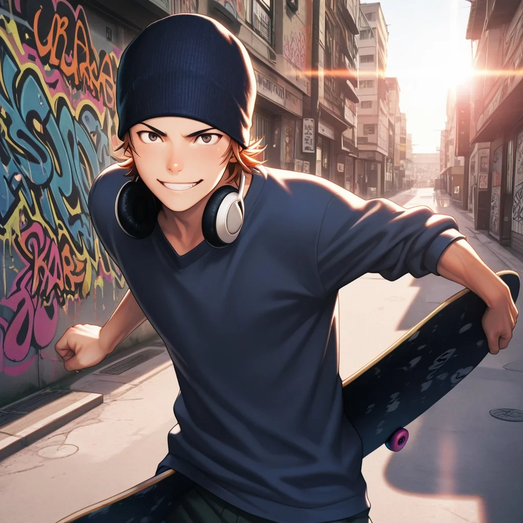 masterpiece, best quality, amazing quality, absurdres, newest, detailed background, definition so sharp, Ultra-HD, 8K cinematic, very awa, impressionate, amazing quality, highres,
solo, male focus, manly,
1boy, short hair, beanie, headphone around neck, misaki_orange hair, misaki_brown eyes, misakiyata, street art, graffiti, urban setting, sunny day, lens flare, motion blur, youthful, dynamic, active, mid-air, skateboard, energetic pose, cheerful smile,