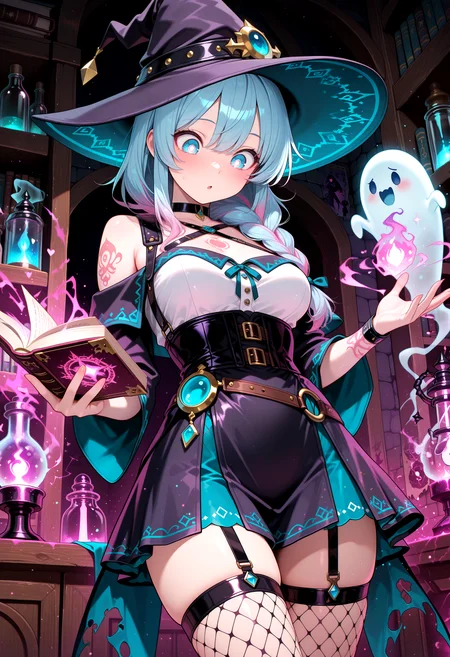 lazympos, highres, very detailed, amazing quality, masterpiece,
very aesthetic,
glitter, particle effect,
1woman, solo, beautiful eyes, strong face, double braided ponytail, tattoo, arm tattoos, neck tattoos, chest tattoos, skimpy top, body strap harness, fishnet leggings, mini skirt, mage outfit, mage hat, off shoulder, medium breasts, choker, visible shoulders, blue hair with pink highlights,
seducing, seductive, flirty, loving, playful,
Looking down, reading a book, magical book, casting a spell, magic in hands, magic energy on hands,
Mage's tower, magic lab, Smokey room, torches, ripped banners, magic potions on shelves, glowing potions,
cute Ghost, ghostly head, ghost coming out of book, summoning a ghost, Girl looking at ghost, Ghost looking at girl, cute playful ghosts,
Surprised expression, shocked,