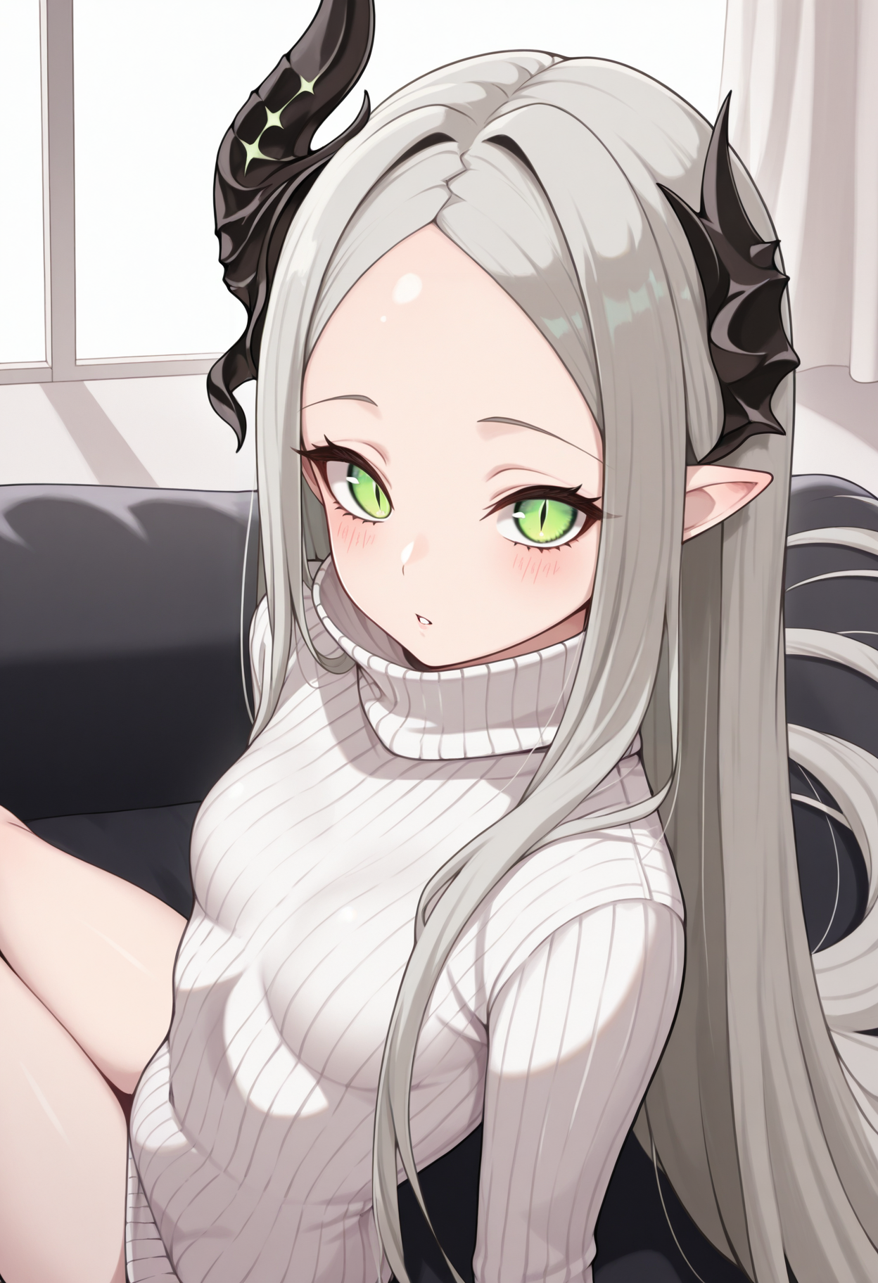 masterpiece, best quality, 1girl, solo, <lora:leviathan-nikke-richy-v1_ixl:0.85>, levia, green eyes, slit pupils, grey hair, very long hair, parted bangs, pointy ears, asymmetrical horns, forehead, small breasts, sitting, turtleneck sweater, white sweater, ribbed sweater, parted lips, looking at viewer, blush
