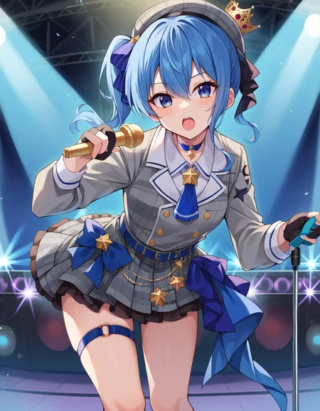 score_9, score_8_up, score_7_up, source_anime,
suiseihoshimachi, <lora:suisei-hoshimachi-ponyxl-lora-nochekaiser:1>
suisei hoshimachi, blue eyes, blue hair, choker, hair between eyes, medium hair, side ponytail, star choker,
ascot, asymmetrical legwear, belt, beret, black gloves, blue ascot, blue belt, blue bow, blue choker, bow, buttons, choker, collared shirt, crown, gloves, grey headwear, grey jacket, grey skirt, hat, jacket, jewelry, kneehighs, long sleeves, miniskirt, mismatched legwear, partially fingerless gloves, pendant, plaid, plaid jacket, plaid skirt, shirt, single kneehigh, single sock, skirt, skirt set, socks, star choker, star print, thigh strap, uneven legwear, white shirt,
indoors, stage, stage lighting, microphone, singing, holding microphone, open mouth, bent over,
looking at viewer, dutch angle, cowboy shot,