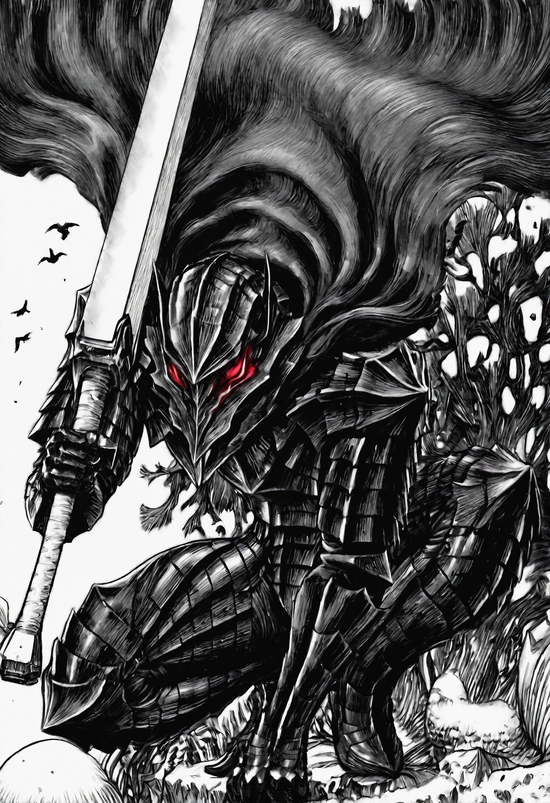 kentaro_miura_style, XUER guangying, monochrome, greyscale,, red eyes,guts \(berserk\), solo, looking at viewer, simple background, white background, 1boy, holding, monochrome, male focus, weapon, greyscale, sword, holding weapon, cape, armor, bird, holding sword, squatting, helmet, shoulder armor, gauntlets, cloak, pauldrons, breastplate, black cape, over shoulder, greaves, huge weapon, weapon over shoulder, full armor, hatching \(texture\), black armor, greatsword,,masterpiece, best quality, newest, absurdres, highres, very awa, detail pupil, detail background <lora:None:1.0> <lora:ä¸æµ¦å¥å¤ªé-Kentaro_Miura_(Berserk)_style_illustriousXL:0.8500000000000002> <lora:DNFé£æ ¼-Dungeon_&_Fighter_style_(DNF_style&DFO_style)_Style-Noob:0.5000000000000001> <lora:åæ¶æå¾åå½±è´¨æå¢å¼ºV3-Xu_Er_thick_paint_composition_light_texture_enhancement:0.20000000000000004> <lora:æ ¼æ¯-Guts-Berserker_Armor:0.8000000000000002>