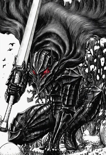 kentaro_miura_style, XUER guangying, monochrome, greyscale,, red eyes,guts \(berserk\), solo, looking at viewer, simple background, white background, 1boy, holding, monochrome, male focus, weapon, greyscale, sword, holding weapon, cape, armor, bird, holding sword, squatting, helmet, shoulder armor, gauntlets, cloak, pauldrons, breastplate, black cape, over shoulder, greaves, huge weapon, weapon over shoulder, full armor, hatching \(texture\), black armor, greatsword,,masterpiece, best quality, newest, absurdres, highres, very awa, detail pupil, detail background <lora:None:1.0> <lora:䏿µ¦å¥å¤ªé-Kentaro_Miura_(Berserk)_style_illustriousXL:0.8500000000000002> <lora:DNF飿 ¼-Dungeon_&_Fighter_style_(DNF_style&DFO_style)_Style-Noob:0.5000000000000001> <lora:åæ¶æå¾å
影质æå¢å¼ºV3-Xu_Er_thick_paint_composition_light_texture_enhancement:0.20000000000000004> <lora:æ ¼æ¯-Guts-Berserker_Armor:0.8000000000000002>