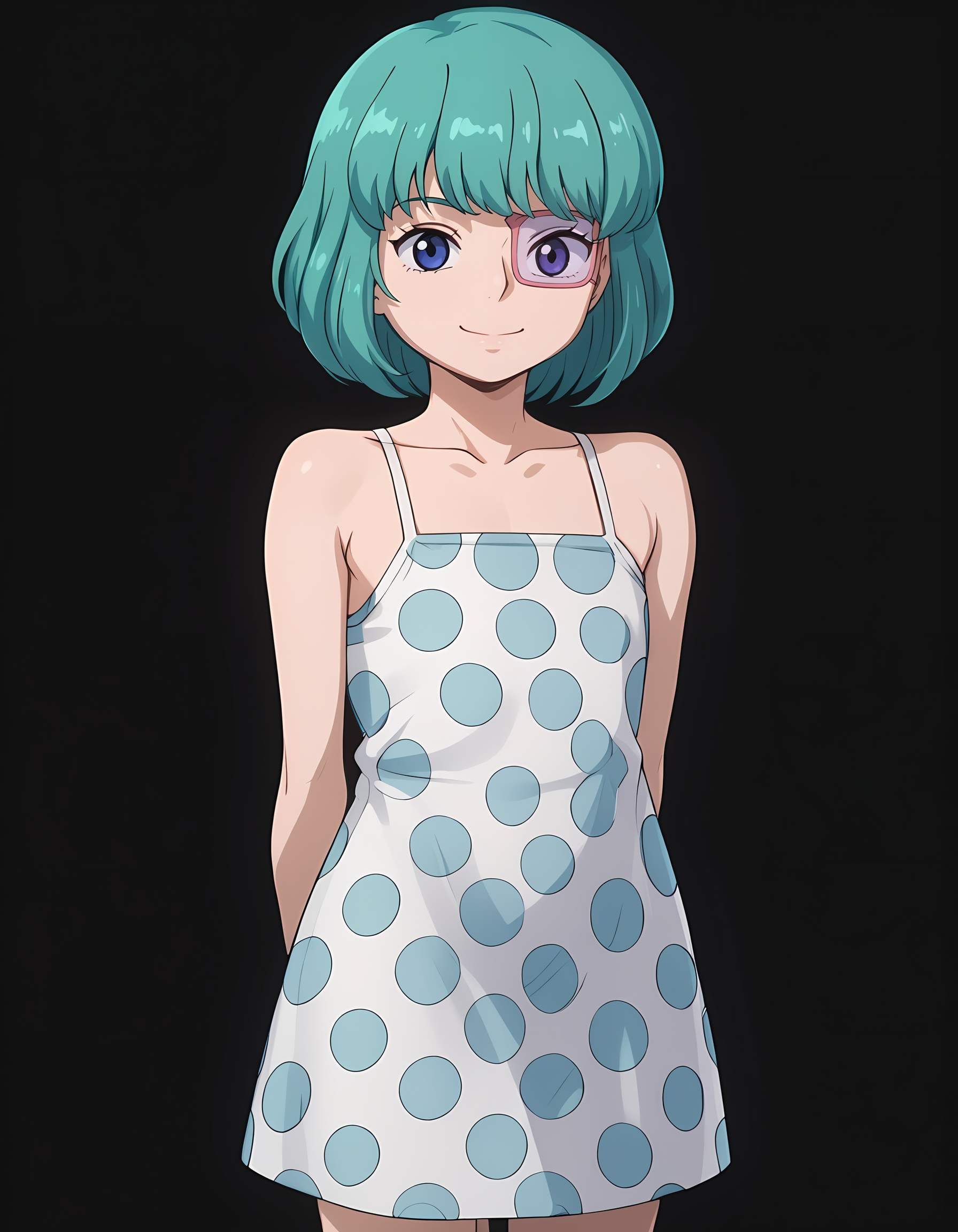 <lora:Sugar:1>sug4r, polka dot dress, closed mouth smile, eye patch, hands behind back, simple solid black background, front view