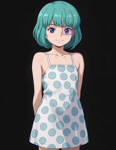 <lora:Sugar:1>sug4r, polka dot dress, closed mouth smile, eye patch, hands behind back, simple solid black background, front view