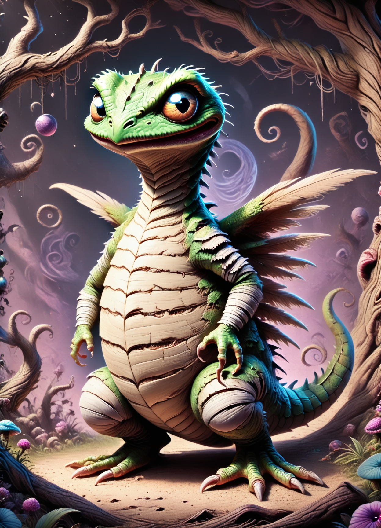 DonM7w1573dW0nd3rl4ndXL, score_9, score_8_up, score_7_up, score_6_up, tiny gargantuan extraterrestrial gritty amphibian existence, 1 leg multipedal, digitigrade appendages, trifurcated-tailed, bushy-tailed, spiky scales,  tufted ears,  feathered wings, , rating_safe   <lora:DonM7w1573dW0nd3rl4ndXL-pony-000008:1>