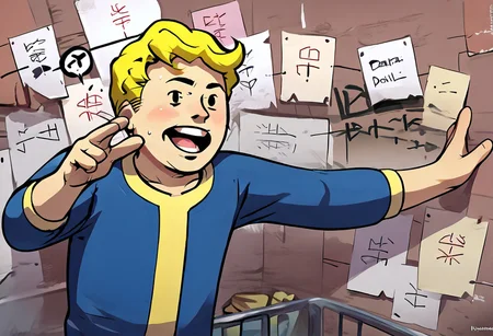 score_9, score_8_up, score_7_up, source_cartoon, flat cartoon, solo, 1boy, sexy boy, vaultboy, blonde hair, simple face, vault suit,, vault suit, blue jumpsuit, yellow stripes, straight teeth, portrait, close up, half body, pepe_silvia, open mouth, looking at viewer, fingers