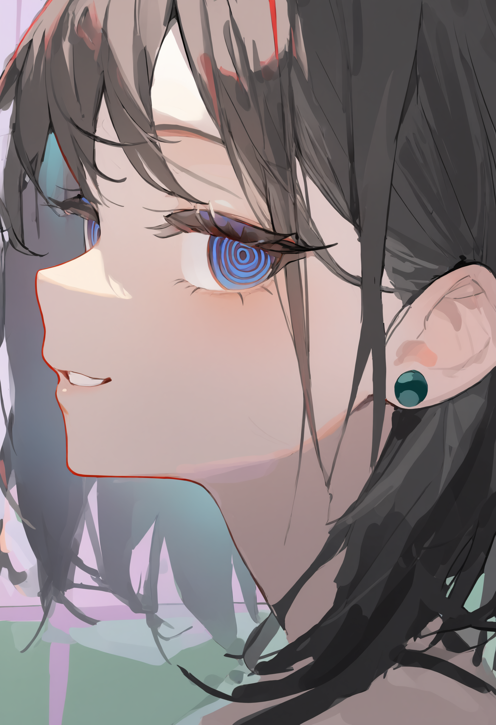 masterpiece, best quality, newest, absurdres, highres, very awa, anime screencap, no lineart:1.3, sketch, simple background, 1girl, solo, looking at viewer, black hair, portrait, medium hair, @_@, ringed eyes, hand up, straight-on, smile, teeth, eyelashes, hair behind ear, parted lips, long eyelashes, limited palette, abstract background, sanpaku, stud earrings, profile, eye focus
