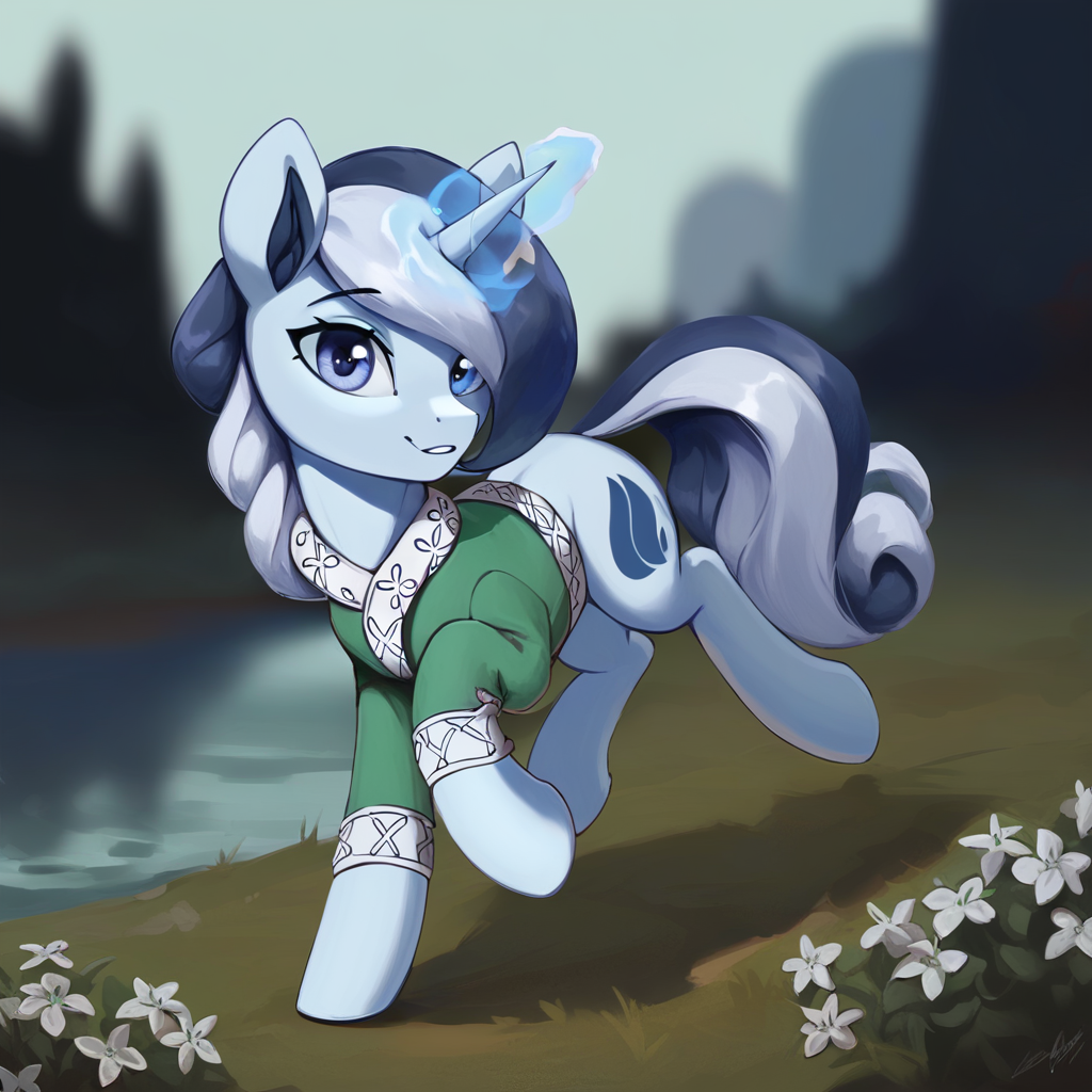 masterpiece, score_9_up, score_8_up, score_7_up, source_anime, (best quality:1.1), ultra-detailed, high resolution, 1character, river swirl, unicorn pony, cutie mark light blue skin, fluffy pony ears, horn, black and white mane, white black tail, feral, female, mare, green River Swirl clothing, (((beautiful detailed kornflower blue eyes eyes))), full body, dynamic pose, detailed background, outdoors, highly visible, (((8k))), from equestria at war, detailed outfit, extremely detailed, solo, cute face, chappy facial expression, perfect lighting, expressiveh