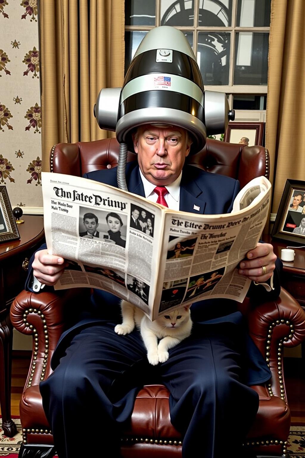 Donal Trump sitting on a chair reading newspaper.  He is wearing a large vintage hair dryer over his head.  There is a a white cat sitting on his lap. <lora:vintage_hair_dryer_v1:1.0> <lora:Flux-Sch-SingleBlocks-BF16:1.0><lora:803902102955954921:0>