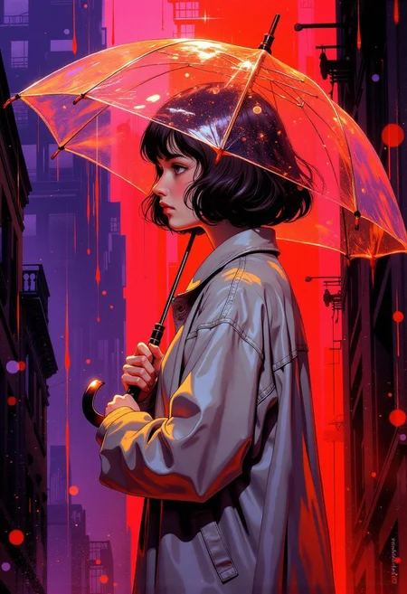 dreamlike abstract portrait - girl with translucent umbrella standing in red rain, her coat is pale silver and glowing faintly, background is deep midnight purple with blurred geometric cityscape, umbrella reflects scattered light like oil on water, streaks of rain vary in color—bright reds, oranges, and electric pinks