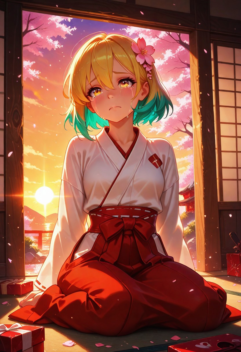 masterpiece, best quality, amazing quality, volumetric lighting, (by_neoartcore:0.1), BREAK, 1girl, 25 years old, cute, petite, mature, adult, 
yellow eyes, 
multicolored hair, blonde hair, teal hair, hair ornament, hair flower, hair between eyes, short hair, 
miko, japanese clothes, 
cherry blossoms,
sitting, crying, tears,  streaming tears, sad, broken heart, sobbing, broken gift box,  
sunset, 
masterpiece, best quality, amazing quality,