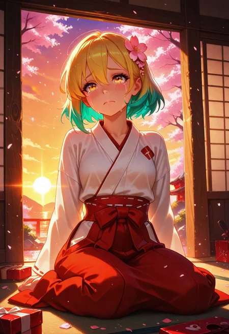 masterpiece, best quality, amazing quality, volumetric lighting, (by_neoartcore:0.1), BREAK, 1girl, 25 years old, cute, petite, mature, adult, 
yellow eyes, 
multicolored hair, blonde hair, teal hair, hair ornament, hair flower, hair between eyes, short hair, 
miko, japanese clothes, 
cherry blossoms,
sitting, crying, tears,  streaming tears, sad, broken heart, sobbing, broken gift box,  
sunset, 
masterpiece, best quality, amazing quality,