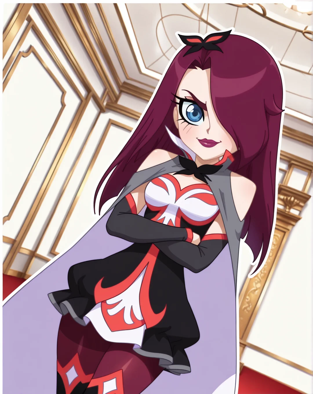 masterpiece, best quality, amazing quality, very aesthetic, absurdres, newest, solo, PraxinaZYN, 1girl, solo, purple hair, long hair, hair over one eye, blue eyes, makeup, lipstick, hair ornament, (dress, cape, shoulder cutout, detached sleeves, pantyhose, thigh boots), cowboy shot, looking at viewer, beautiful, ((beautiful face, beautiful eyes)), breasts, Wide Hips, Big thighs, standing,(smile, dutch angle, naughty pose, looking at viewer, indoors, elegant room, solo, dynamic pose, full_body, head tilt,),((white background, White frame, white outline))