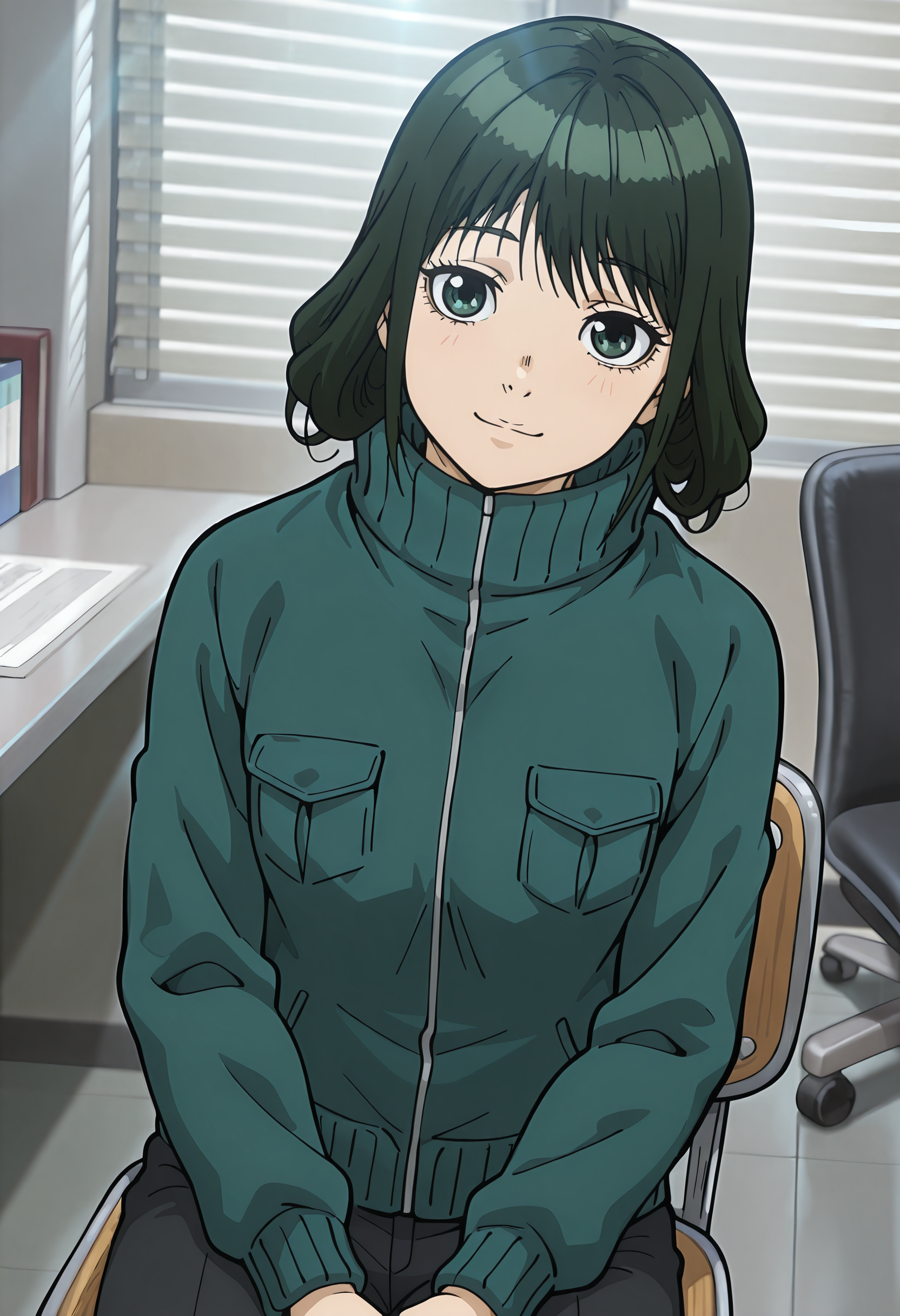 best quality, amazing quality, perfect quality, high quality, masterpiece, absolutely eye-catching BREAK
<lora:Police_in_a_Pod_-_Miwa_Makitaka:1> HakozumeMiwa, green eyes, green hair, long hair, choppy bangs, hair down BREAK
hair tucked into jacket, green turtleneck jacket, black pants BREAK
indoors, office, desk, chair, window, window blinds, sunbeam BREAK
1girl, solo, sitting, on chair, head tilt, light smile, looking at viewer, cowboy shot, dutch angle