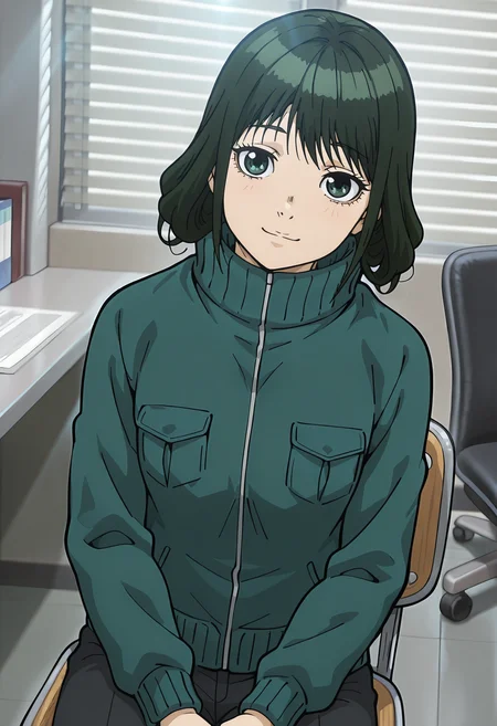 best quality, amazing quality, perfect quality, high quality, masterpiece, absolutely eye-catching BREAK
<lora:Police_in_a_Pod_-_Miwa_Makitaka:1> HakozumeMiwa, green eyes, green hair, long hair, choppy bangs, hair down BREAK
hair tucked into jacket, green turtleneck jacket, black pants BREAK
indoors, office, desk, chair, window, window blinds, sunbeam BREAK
1girl, solo, sitting, on chair, head tilt, light smile, looking at viewer, cowboy shot, dutch angle