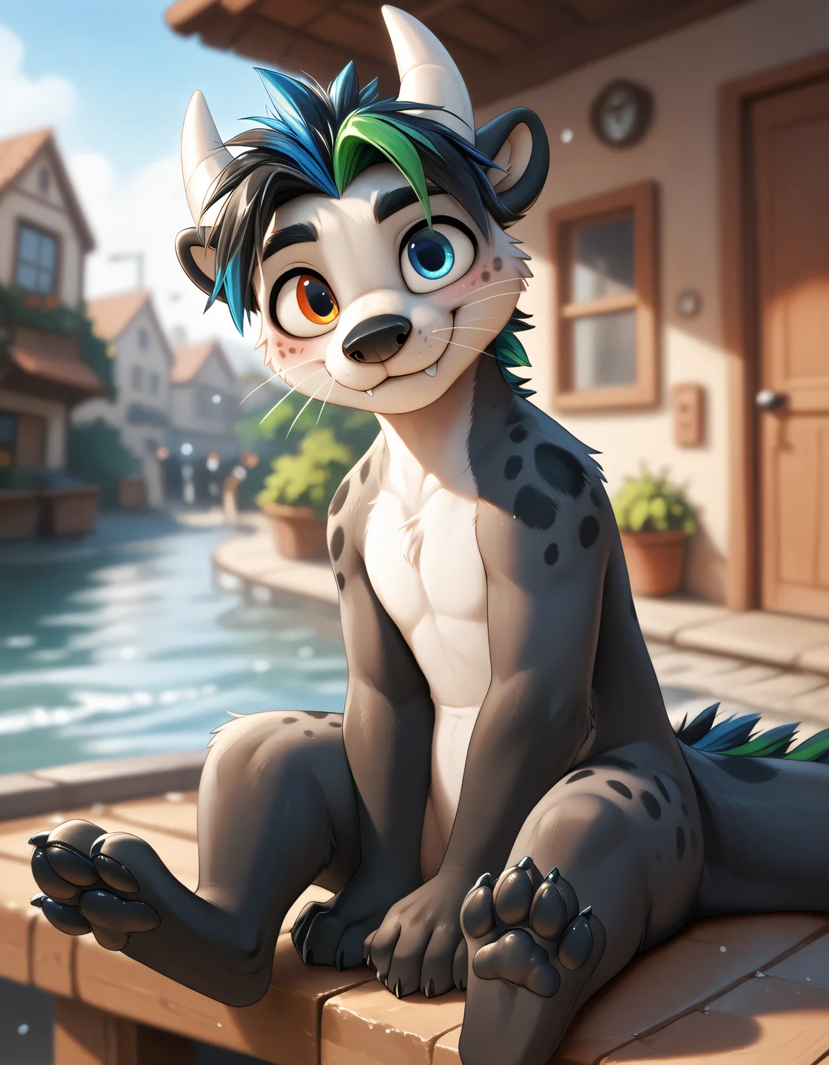 score_9, score_8_up, score_7_up, <lora:Dragotter.safetensors:0.65>, dragotter, solo, otter, body fur, male focus, 1boy, multicolored hair, furry, horns, blurry, blue hair, green hair, furry male, blurry background, two-tone hair, black hair, looking at viewer, smile, animal ears, green eyes, fangs, animal nose, freckles, blue eyes, spots, heterochromia, <lora:fix_hands.safetensors:1.0>, tail, (paws, black pawpads:1.15), digitigrade, barefoot, blush, looking at viewer (close up, three-quarter portrait, sitting, pedestrian tunnel grassland:1.25)
