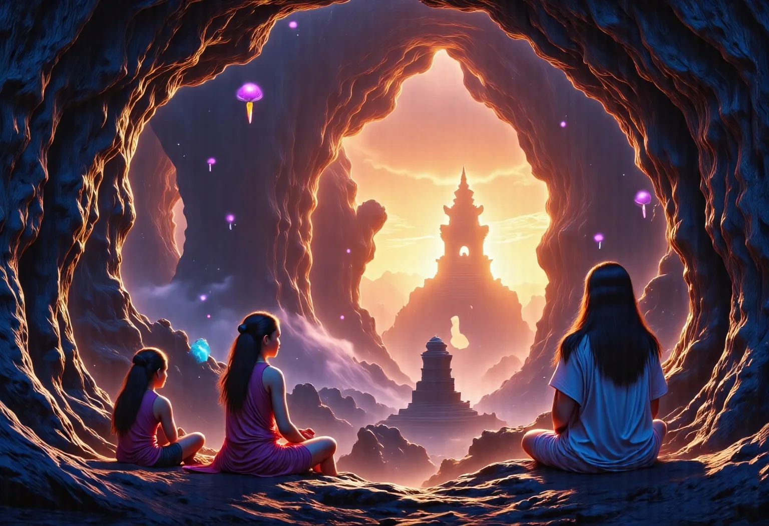 Generate an image of an ancient, mystical forest at twilight where the last light of day meets the onset of night. Emphasize:
- The transition of colors from warm sunset hues to cool night tones.
- Detailed, textured trees with glowing natural elements like mushrooms or fireflies.
- Ruins of an old civilization subtly integrated into the landscape.
- Characters in ancient attire, contemplating or observing this natural spectacle.
- Use of light to highlight textures and create depth.
Ensure the image reflects a mood of peace, timeless beauty, and a hint of magical realism. Focus on composition with elements aligned to the rule of thirds for visual interest.