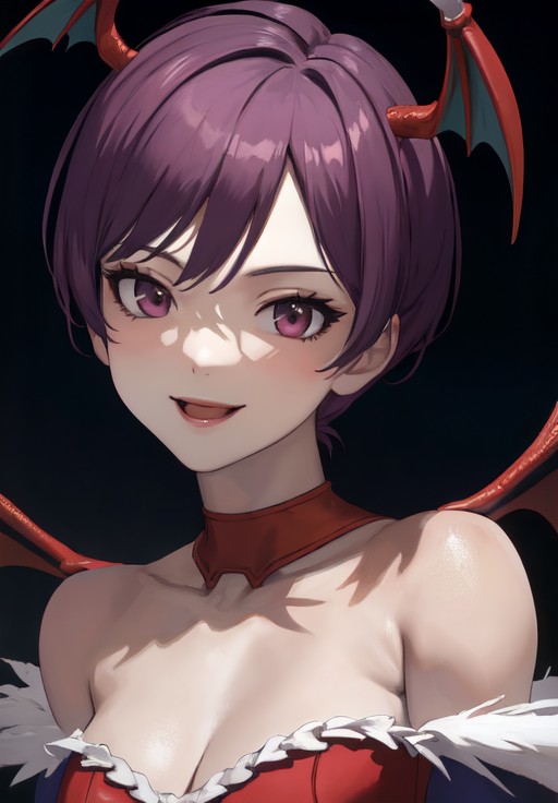 sfw, <lora:darkstalkers_lilith_nai:0.8>, darkstalkers_lilith, portrait, smile, (seductive, alluring, charming:1.3), seductive, (ultra-high res, high details, absurdres:1.3)