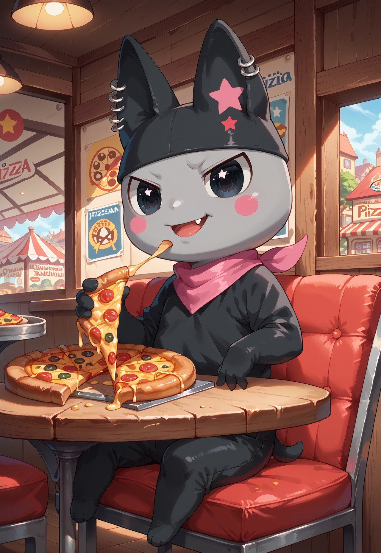 score_9_up, score_8_up, score_7_up, score_6_up, (detailed art style, shiny skin, detailed eyes) chibi, small body, (solo male : 1.1), fullbody, Kuromametchi, grey skin, black cat ears, pink star ear marking, big eyes, black eyes, cute little fang, ear piercings, black bodysuit, pink bandana, (detailed scenery, detailed background : 1.1), (restaurant, pizza restaurant), sitting on a chair, in front of a wooden table covered in pizza, near curtained window, (pedestrians, customers eating food, seating areas, tables, chairs, cushioned pillows, food, pizza, posters on the wall) 