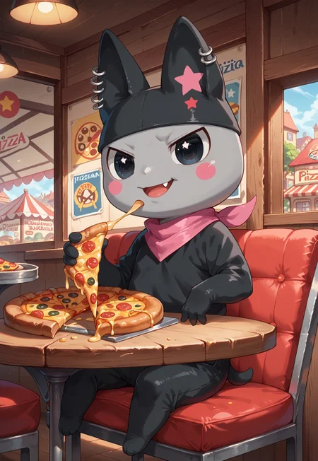 score_9_up, score_8_up, score_7_up, score_6_up, (detailed art style, shiny skin, detailed eyes) chibi, small body, (solo male : 1.1), fullbody, Kuromametchi, grey skin, black cat ears, pink star ear marking, big eyes, black eyes, cute little fang, ear piercings, black bodysuit, pink bandana, (detailed scenery, detailed background : 1.1), (restaurant, pizza restaurant), sitting on a chair, in front of a wooden table covered in pizza, near curtained window, (pedestrians, customers eating food, seating areas, tables, chairs, cushioned pillows, food, pizza, posters on the wall)