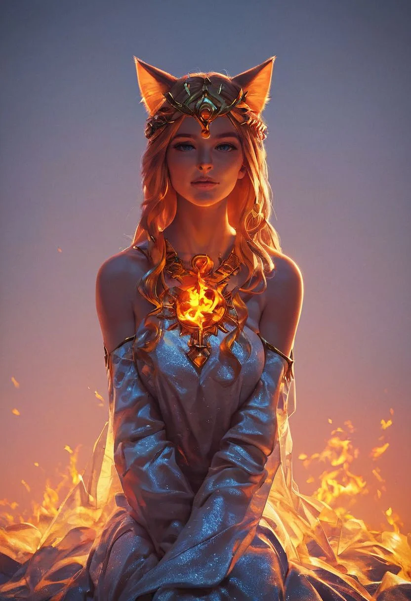((goddess of fire, beautiful woman, sexy body, dramatic light)), summer dress, cat ears, ((score_9, score_7_up, sunset)), perfect cute face, full body, sitting on fire, raindrops, horny face, 43stl1ght1ng, low light, dramatic lighting, darkness,