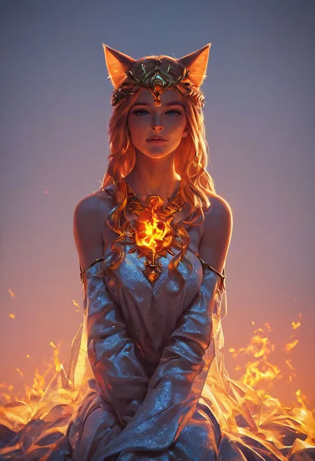 ((goddess of fire, beautiful woman, sexy body, dramatic light)), summer dress, cat ears, ((score_9, score_7_up, sunset)), perfect cute face, full body, sitting on fire, raindrops, horny face, 43stl1ght1ng, low light, dramatic lighting, darkness,