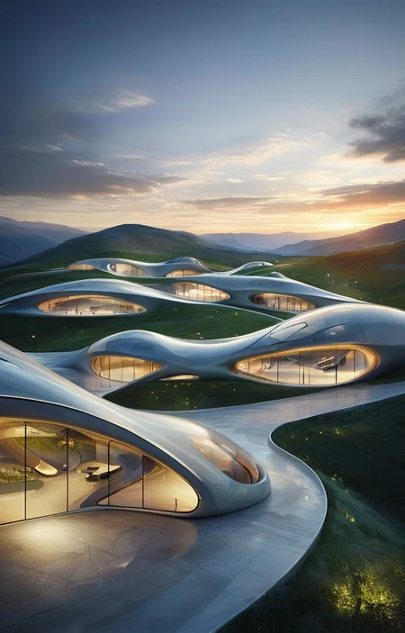 masterpiece,best quality,<lora:tbh307-sdxl:0.9>,illustration,design by Zaha Hadid Sustainable eco-village with green roofs and solar panels, nestled in a mountain valley