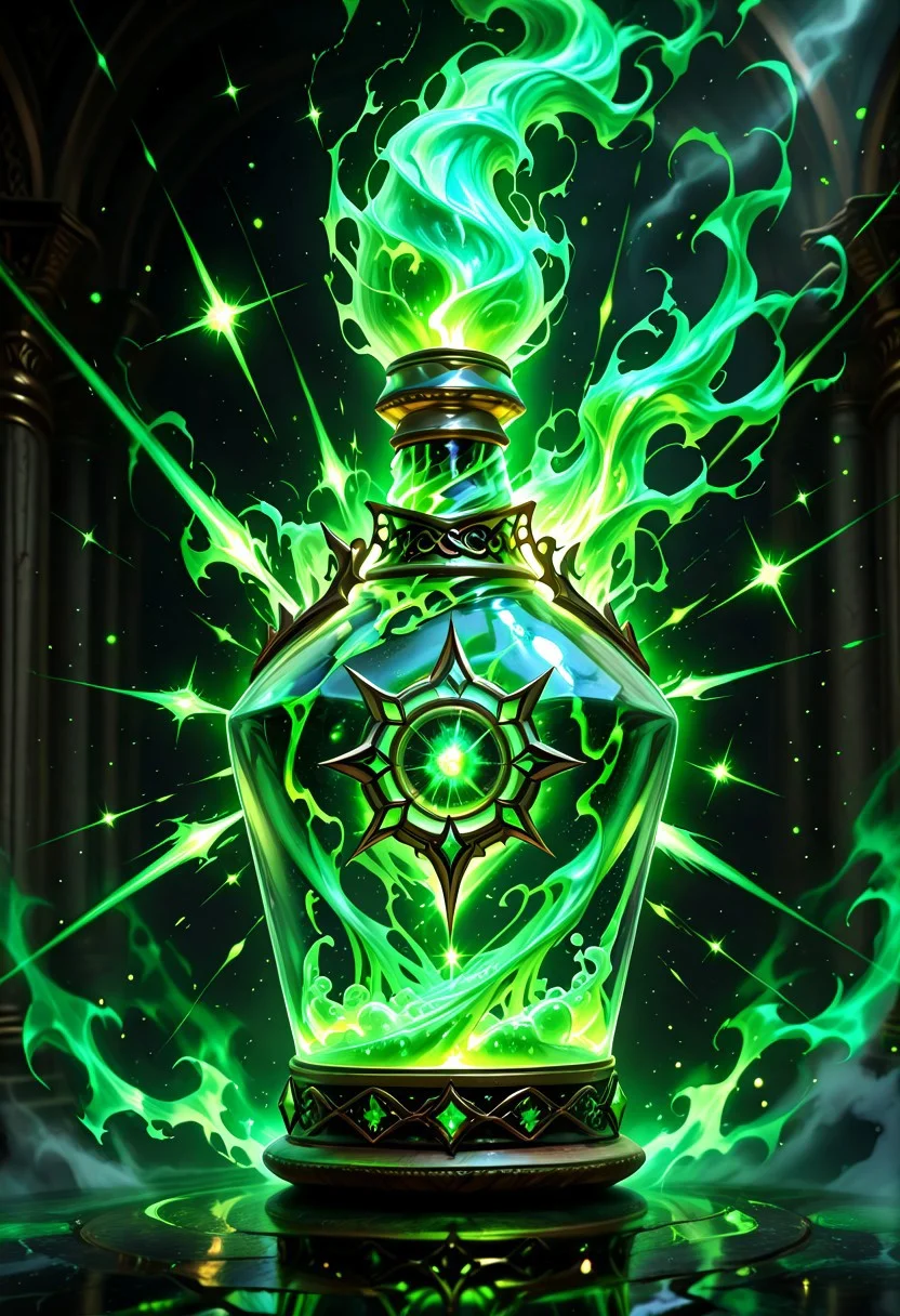 absurdres, newest high_def, highest quality, 4k, best quality, masterpiece, no humans, object focus, focused, defined, (Photorealistic magic potion:1.3), intricate glass bottle, elixir, neon green colors, vivid red, grey colors, black gues , bubbling, ethereal light, flashy lights, magic lights, luminous, dynamic reflections, magical aura, highly detailed, fantasy essence, glowing particles, radiant aura, A3THER, no humans